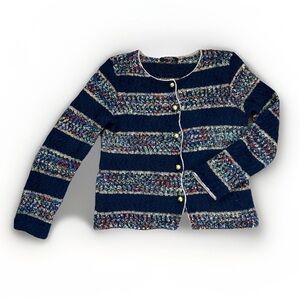 Italy Navy Blue Striped Bouclé Cardigan Sweater Gold Buttons Trendy Y2K Knit M/L
